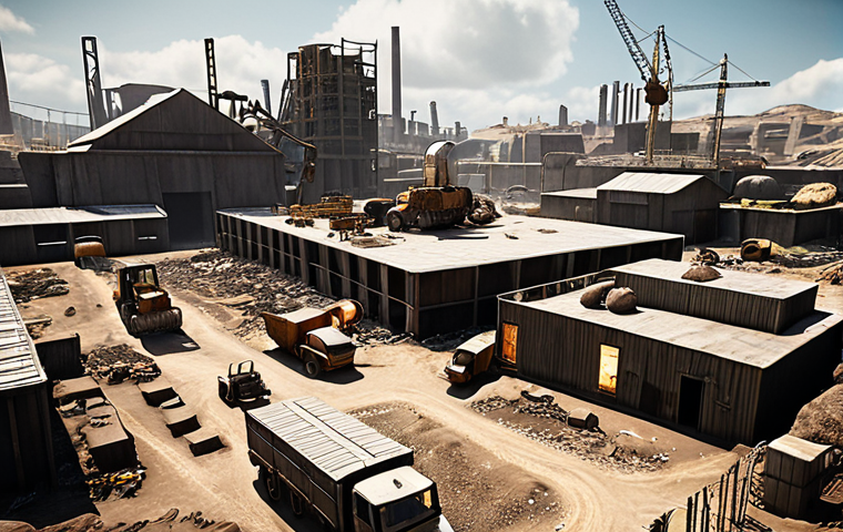 **
A bustling construction site in a post-apocalyptic city. Focus on the rapid assembly of farms and resource buildings, with speed-up boosts visually represented (e.g., glowing effects). The overall feel is efficient and resource-focused.
**