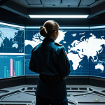 A focused commander, a person of unspecified gender, in a modest tactical uniform, stands intently studying a large, illuminated holographic tactical map displaying complex strategic data and troop movements. The setting is a high-tech command center within a fortified, post-apocalyptic bunker, with various data screens in the background. The atmosphere is calm and concentrated, reflecting deep strategic thought. The subject is fully clothed, in appropriate attire, safe for work, and professional. Perfect anatomy, correct proportions, natural pose, well-formed hands, proper finger count, and natural body proportions are essential. The image should have professional photography, cinematic lighting, ultra-detailed, and realistic rendering, suitable for family-friendly viewing.