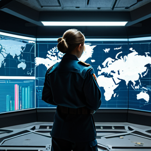 A focused commander, a person of unspecified gender, in a modest tactical uniform, stands intently studying a large, illuminated holographic tactical map displaying complex strategic data and troop movements. The setting is a high-tech command center within a fortified, post-apocalyptic bunker, with various data screens in the background. The atmosphere is calm and concentrated, reflecting deep strategic thought. The subject is fully clothed, in appropriate attire, safe for work, and professional. Perfect anatomy, correct proportions, natural pose, well-formed hands, proper finger count, and natural body proportions are essential. The image should have professional photography, cinematic lighting, ultra-detailed, and realistic rendering, suitable for family-friendly viewing.