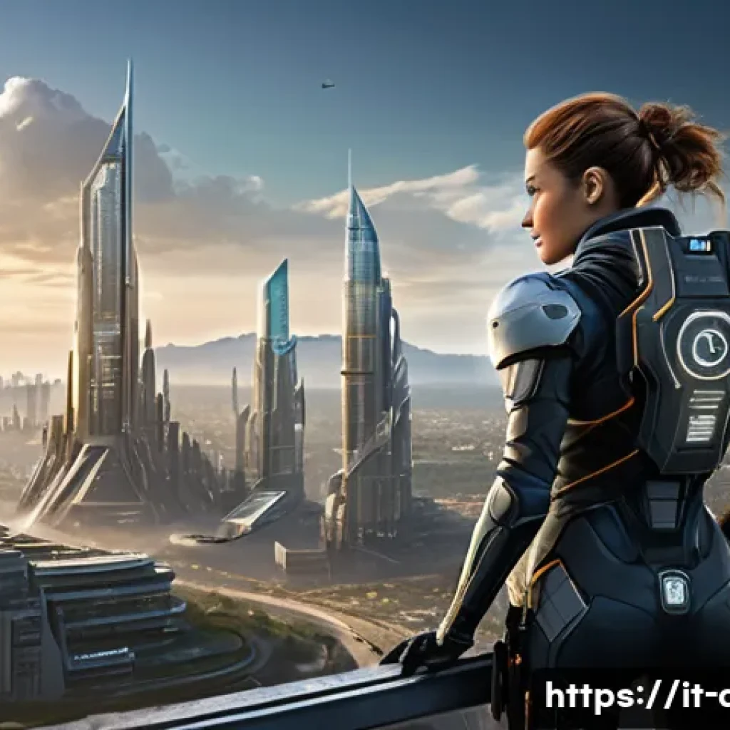 에이지오브제트 VIP 시스템 - A highly detailed, panoramic view of a thriving, futuristic post-apocalyptic city at dawn. Advanced,...