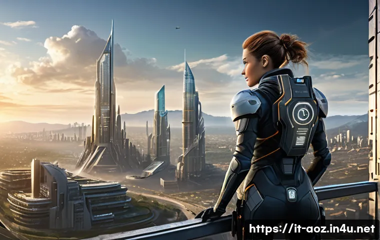에이지오브제트 VIP 시스템 - A highly detailed, panoramic view of a thriving, futuristic post-apocalyptic city at dawn. Advanced,...