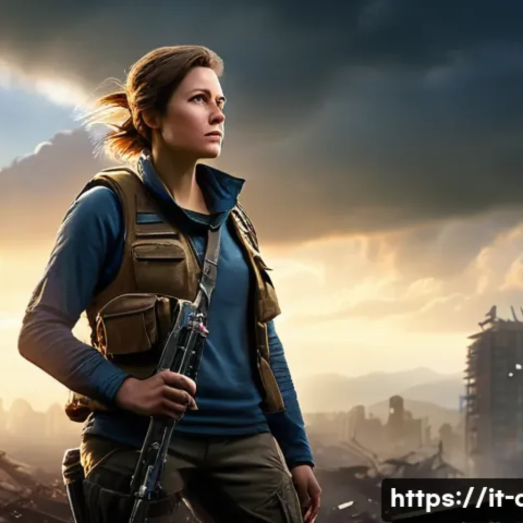 에이지오브제트 서버 이전 방법 - A determined female commander, approximately 30-40 years old, stands amidst the ruins of a partially...