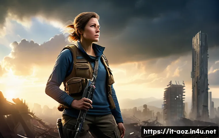에이지오브제트 서버 이전 방법 - A determined female commander, approximately 30-40 years old, stands amidst the ruins of a partially...