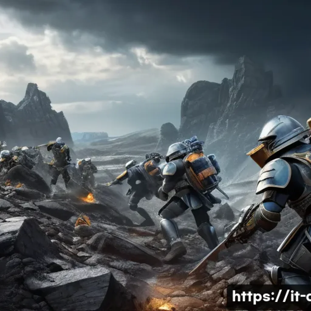 에이지오브제트 장비 제작법 - A detailed fantasy battlefield scene featuring armored soldiers collecting rare materials like titan...