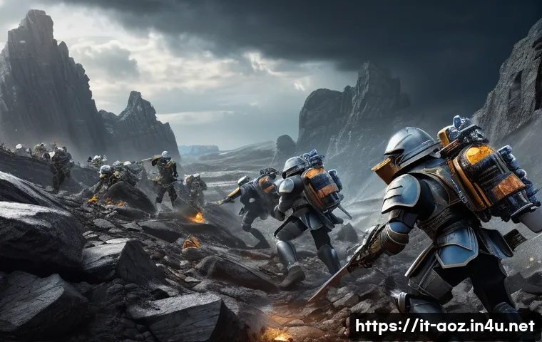 에이지오브제트 장비 제작법 - A detailed fantasy battlefield scene featuring armored soldiers collecting rare materials like titan...