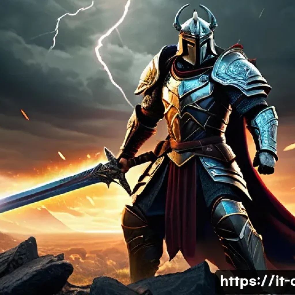 에이지오브제트 공격력 상승 아이템 - A heroic fantasy warrior standing in a dynamic battle stance on a rugged battlefield, wielding a mas...