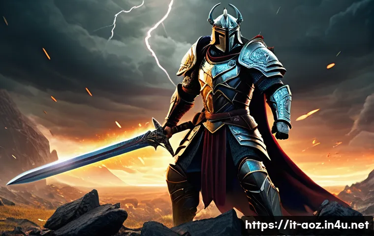 에이지오브제트 공격력 상승 아이템 - A heroic fantasy warrior standing in a dynamic battle stance on a rugged battlefield, wielding a mas...