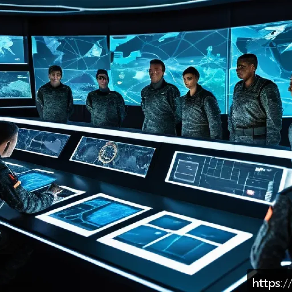 에이지오브제트 이벤트 활용법 - A detailed futuristic war room scene inside a fortified military base, showing a diverse group of co...