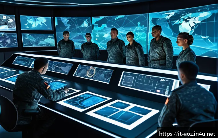 에이지오브제트 이벤트 활용법 - A detailed futuristic war room scene inside a fortified military base, showing a diverse group of co...