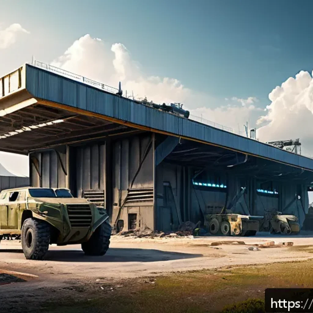 에이지오브제트 병력 생산 시간 단축 - A detailed futuristic military base scene set in a vibrant post-apocalyptic world, showing advanced ...