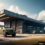Home 22 에이지오브제트 병력 생산 시간 단축 - A detailed futuristic military base scene set in a vibrant post-apocalyptic world, showing advanced ...