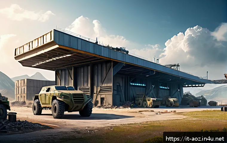에이지오브제트 병력 생산 시간 단축 - A detailed futuristic military base scene set in a vibrant post-apocalyptic world, showing advanced ...