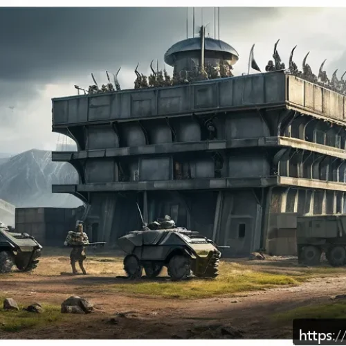 Home 32 에이지오브제트 초보자 가이드 - A detailed futuristic military base in a post-apocalyptic world, showcasing sturdy stone walls reinf...